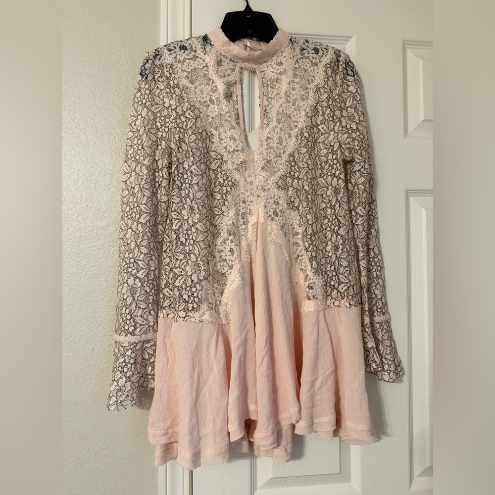 Free People Pink and Cream Lace Blouse
